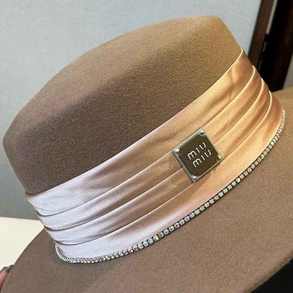 Women's Miu Miu Tan Hat with Satin Band and Rhinestone Trim